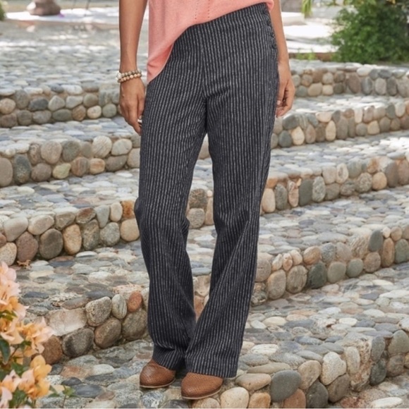 Sundance Black Striped Linen‎ Pants Relaxed Size 6 Petite Side Buttons EUC - Picture 1 of 7